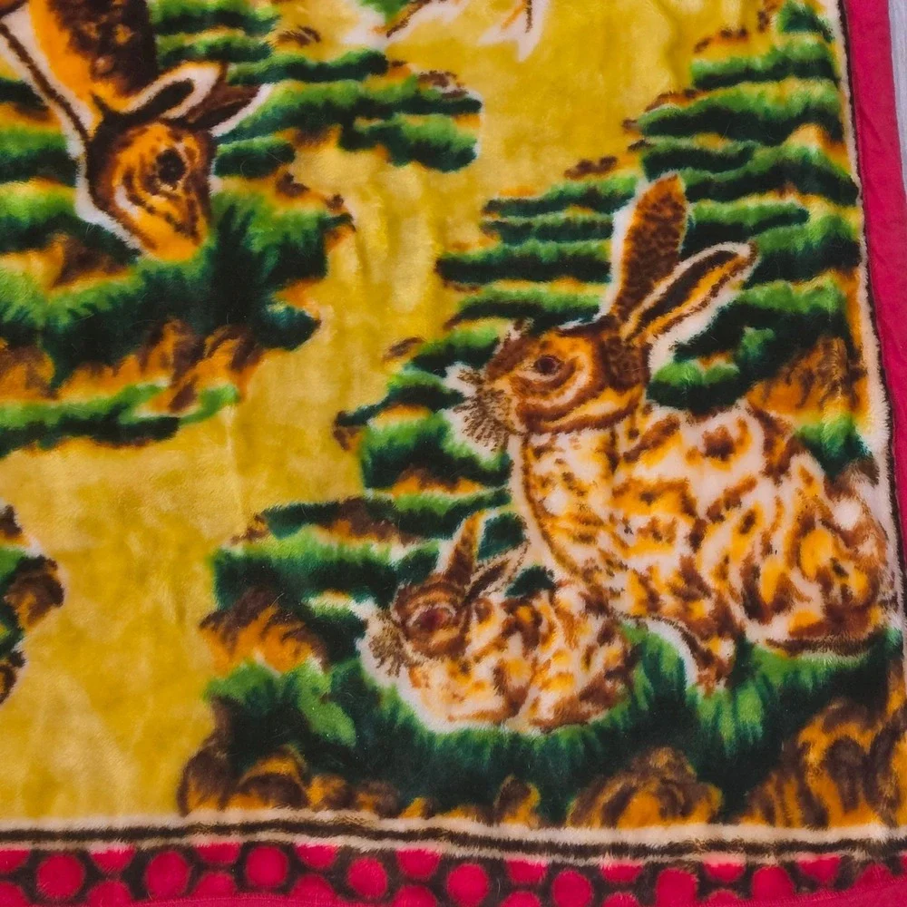 Vintage Choioka Korean Mink Blanket Reversible Deer Crane Floral Red Heavy Plush